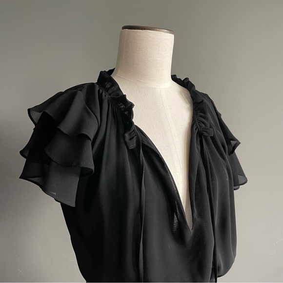 MISA Los Angeles Black Silk Chiffon Tiered Midi Dress Ruffle Grommet S - Picture 3 of 9